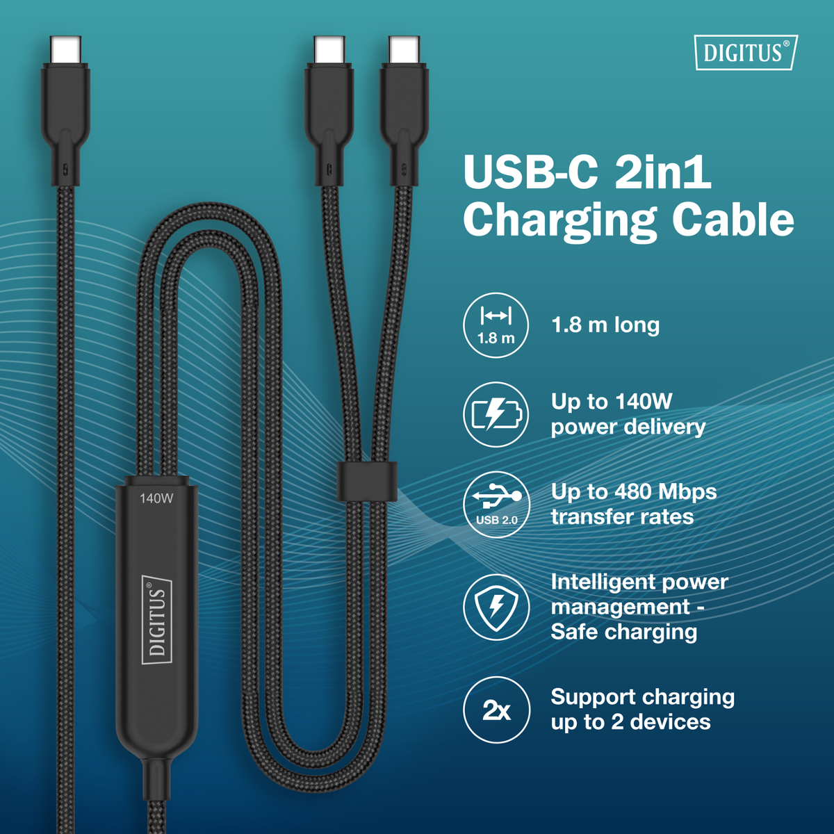 Schwarzes USB-C 2-in-1 Ladekabel, 1,8m, 140W, USB 2.0, Dual-Geräte-Unterstützung.