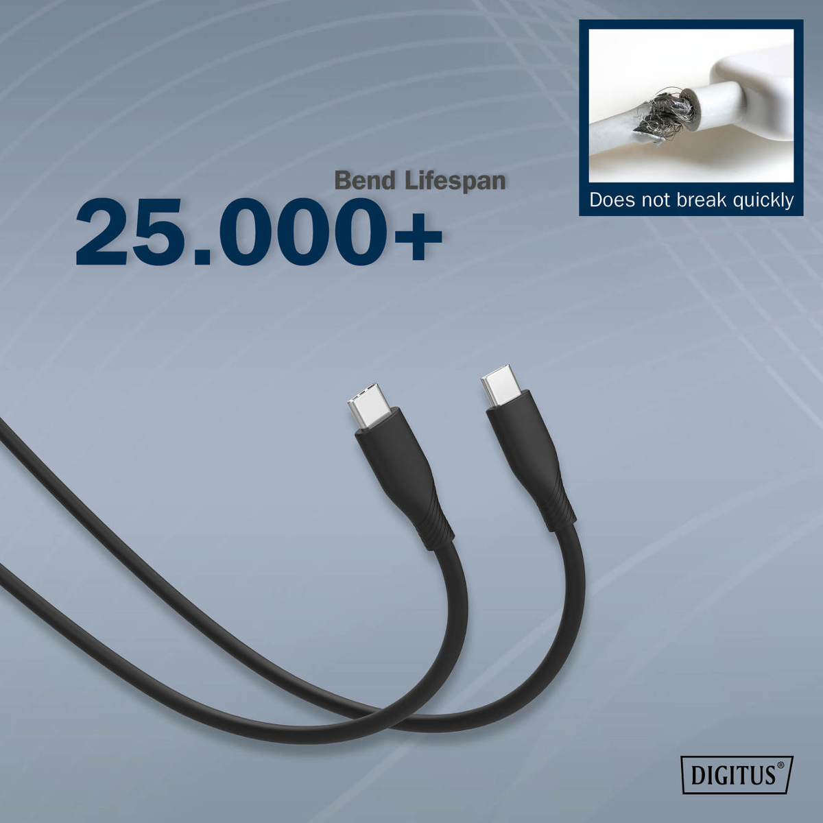 Zwei schwarze USB-C-Kabel mit silbernen Anschlüssen, 25.000+ Biegezyklen.
