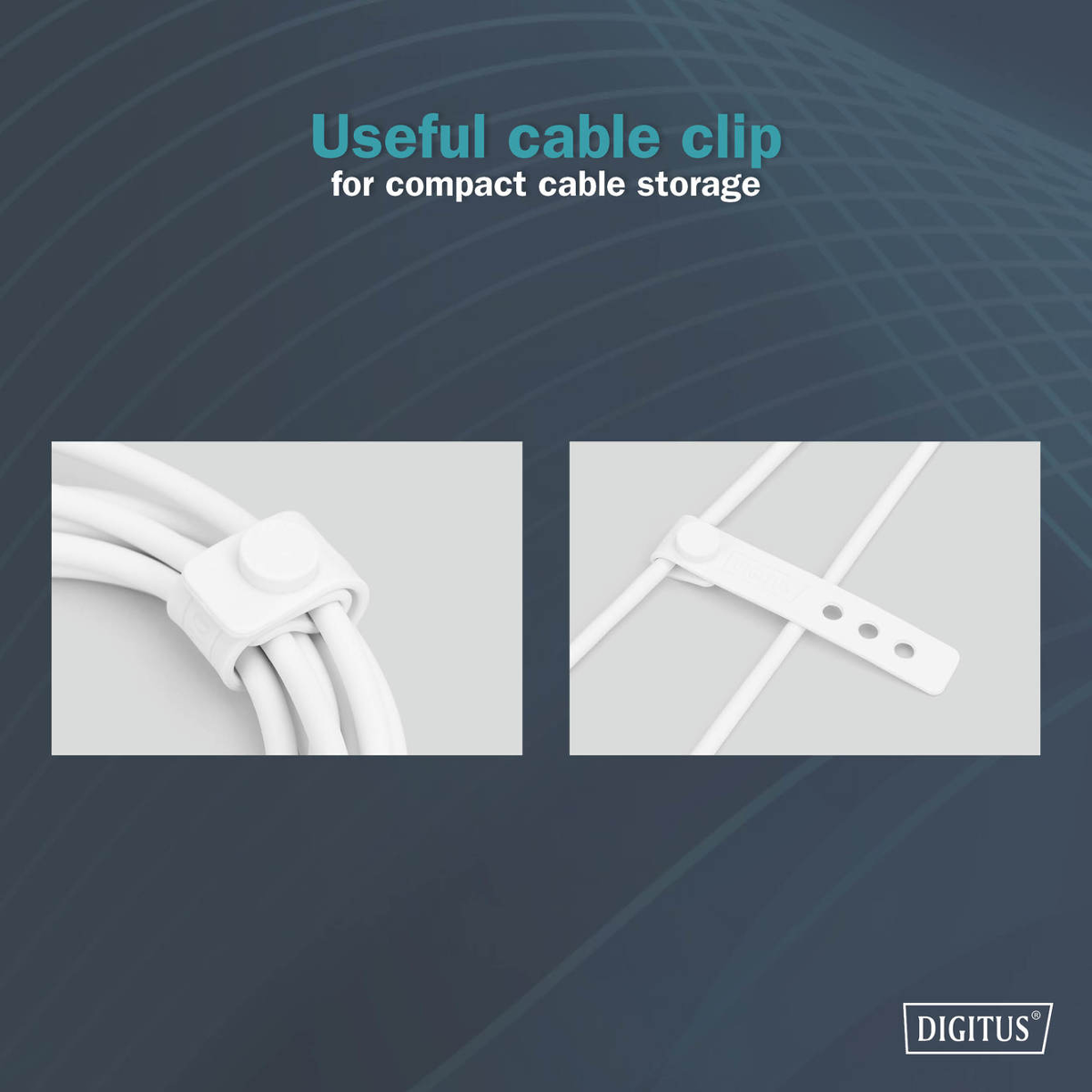 Weiße Kabelclips halten weiße Kabel zusammen. Nahaufnahme.