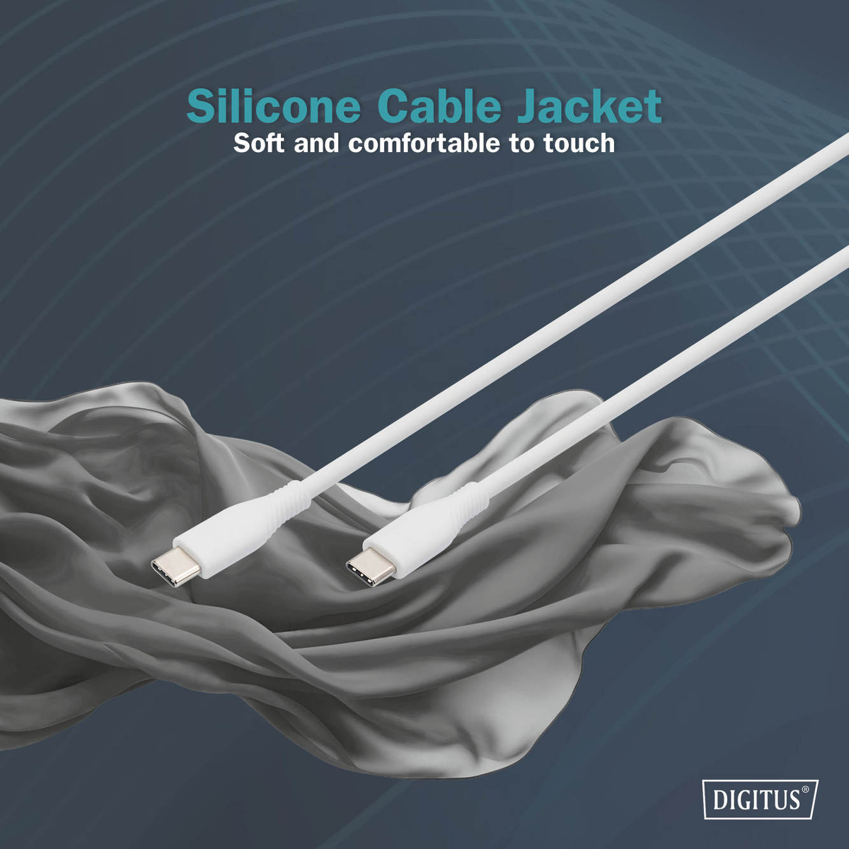 Zwei weiße USB-C-Kabel liegen auf grauem Stoff, mit Text.