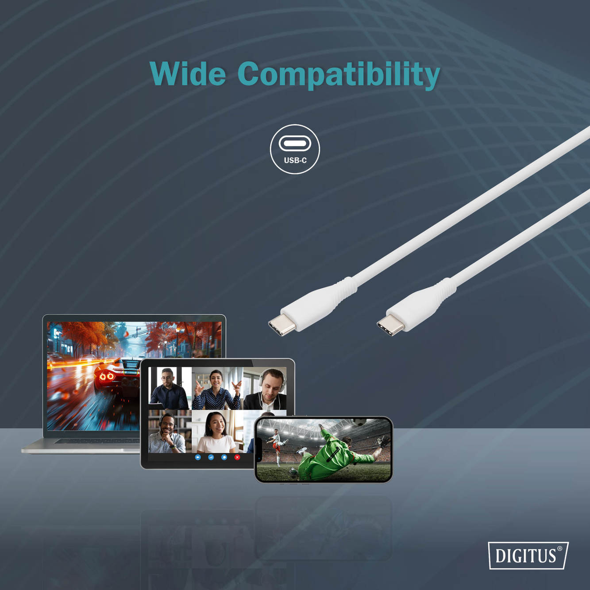 Weiße USB-C-Kabel neben Laptops, Tablets und Smartphones.