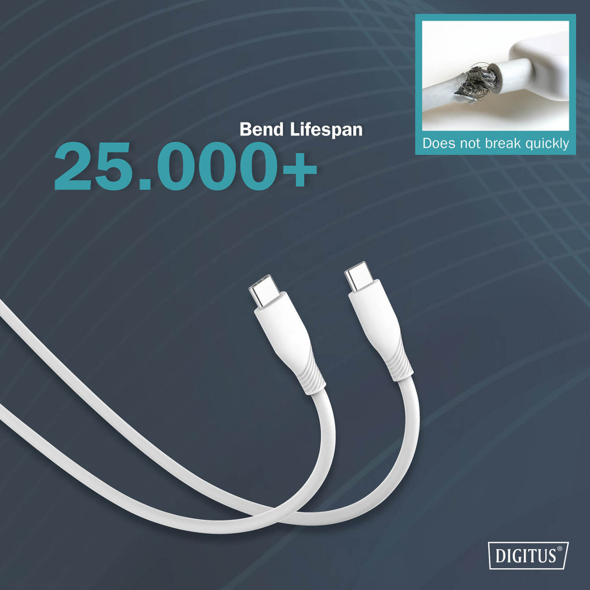 Weißes USB-C-Kabel mit 25.000+ Biegezyklen, zeigt Haltbarkeit.