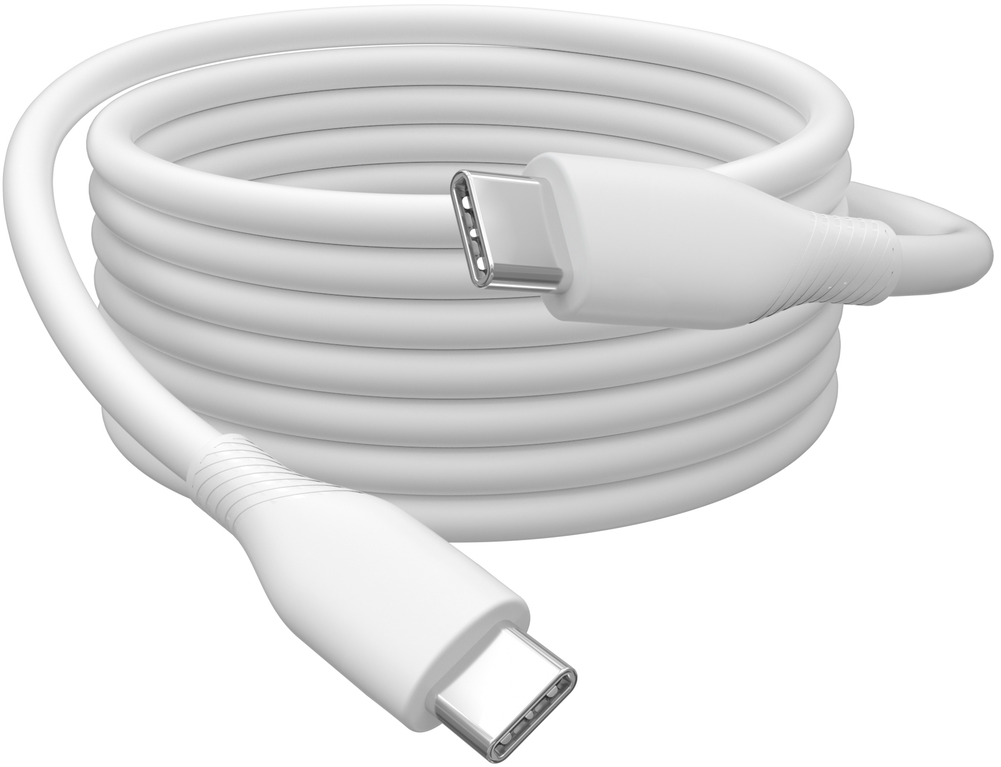 Ein weißes USB-C-Kabel, aufgewickelt mit beiden Anschlüssen sichtbar.