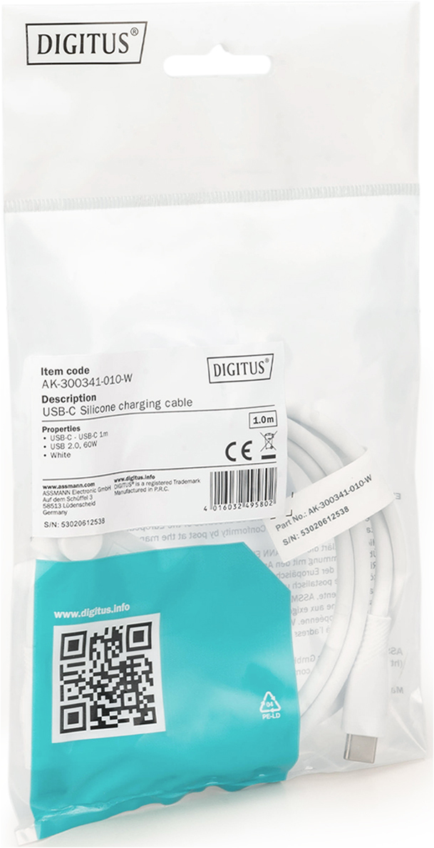 Weiße DIGITUS USB-C-Ladekabelverpackung mit Produktinformationen und QR-Code.