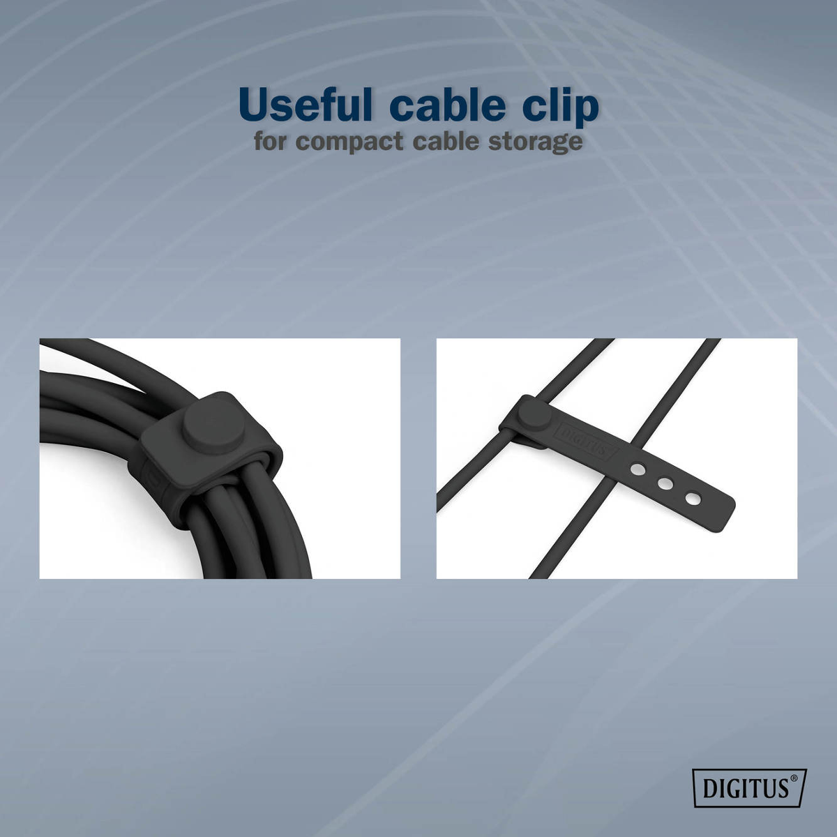 Nahaufnahme eines schwarzen Kabelclips, der Kabel zusammenhält. Daneben ein anderer Clip.