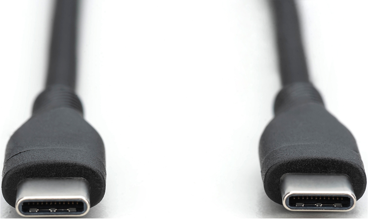 Nahaufnahme eines schwarzen USB-C-Kabels mit zwei Steckern auf weißem Hintergrund.