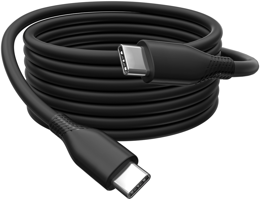 Ein schwarzes USB-C-Kabel, aufgewickelt, mit silbernen Anschlüssen.