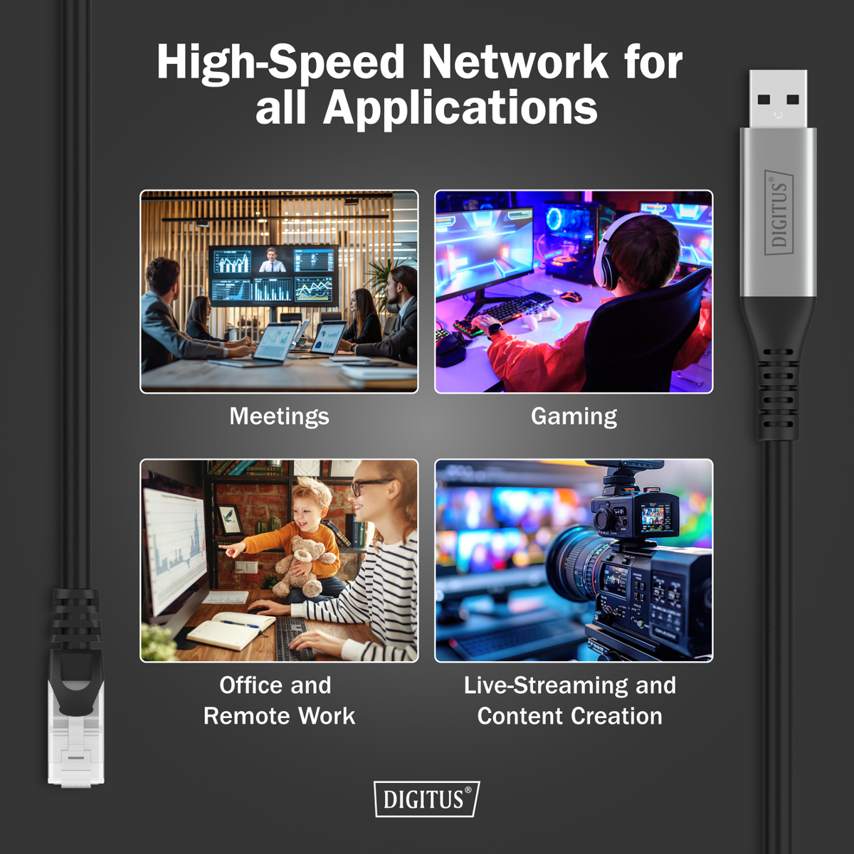 Anzeige für Hochgeschwindigkeitsnetzwerke für Meetings, Spiele, Büroarbeit und Livestreaming.