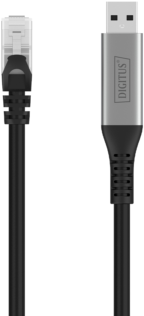 Ein schwarzes Ethernet-Kabel mit RJ45-Stecker und ein silbernes USB-Kabel mit DIGITUS-Logo.