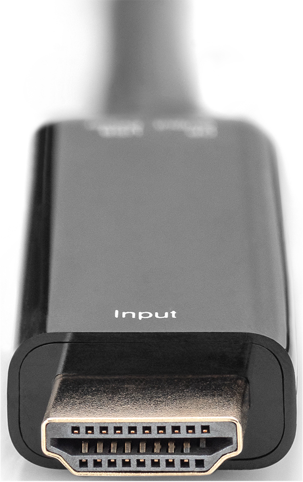 Ein HDMI-Stecker mit der Aufschrift "Input" auf einem schwarzen Gehäuse.