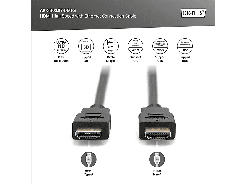 DIGITUS HDMI High Speed mit Ethernet Anschlusskabel, 5m, Schwarz; HDMI Kabel----HDMI Kabel — Foto 2 von 3