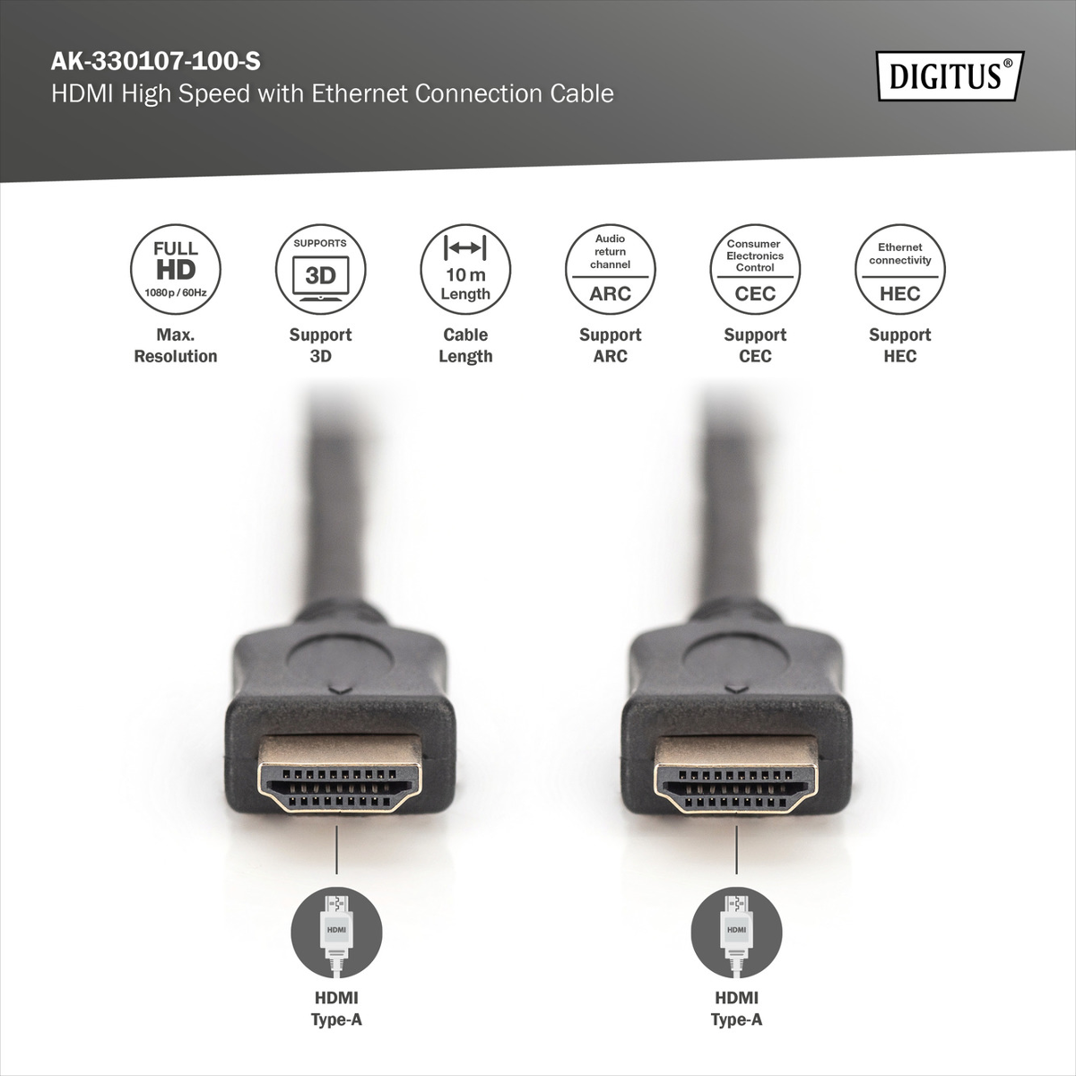 Zwei HDMI Typ-A Stecker eines schwarzen Kabels mit Logos und Spezifikationen.
