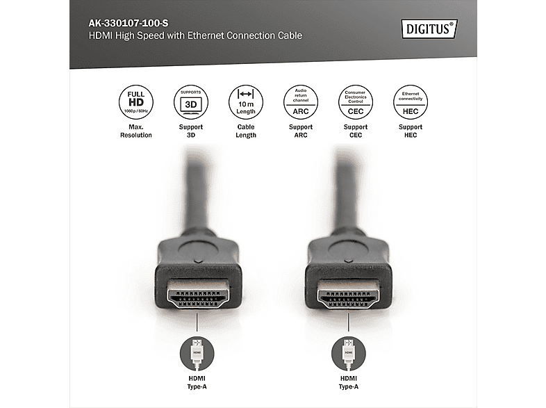 DIGITUS HDMI High Speed mit Ethernet Anschlusskabel, 10 m, Schwarz; HDMI Kabel----HDMI Kabel — Foto 2 von 3
