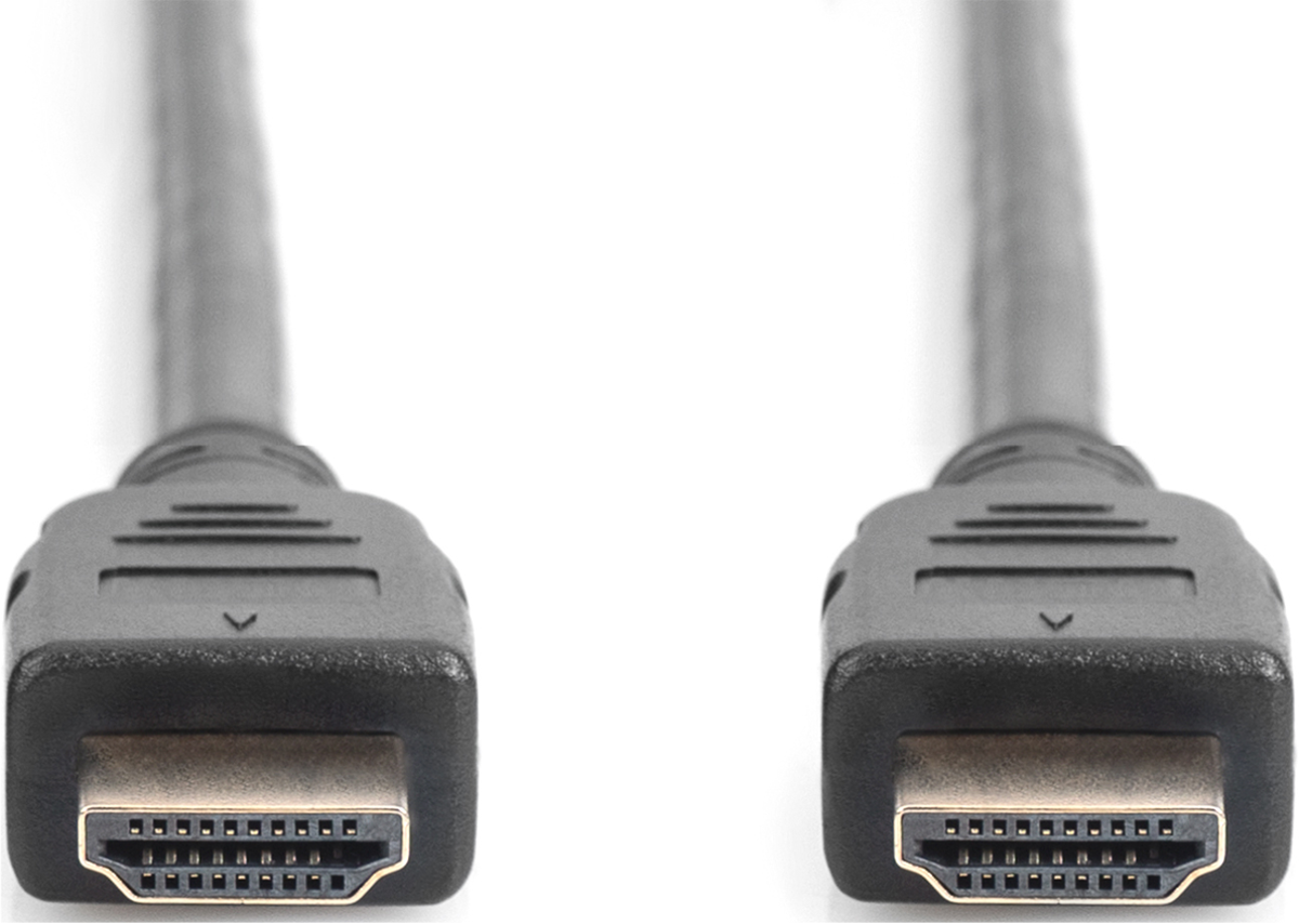 Zwei HDMI-Stecker mit schwarzen Kabeln auf weißem Hintergrund.