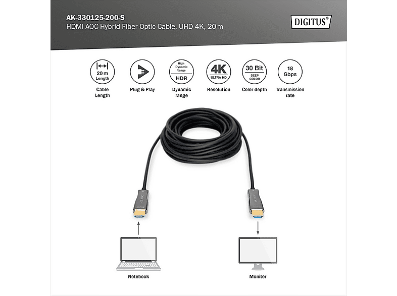 DIGITUS HDMI AOC Hybrid Glasfaserkabel, UHD 4K, 20 m, Schwarz; Glasfaserkabel----Glasfaserkabel — Foto 3 von 5