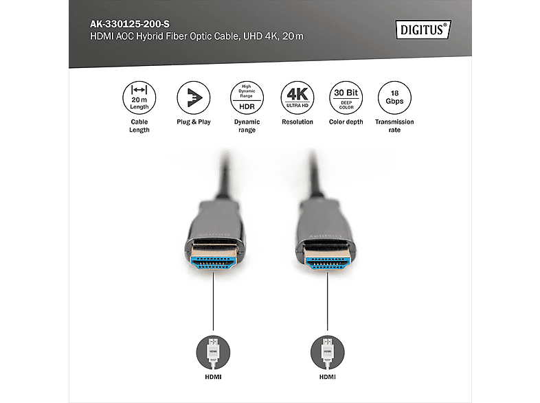 DIGITUS HDMI AOC Hybrid Glasfaserkabel, UHD 4K, 20 m, Schwarz; Glasfaserkabel----Glasfaserkabel — Foto 4 von 5