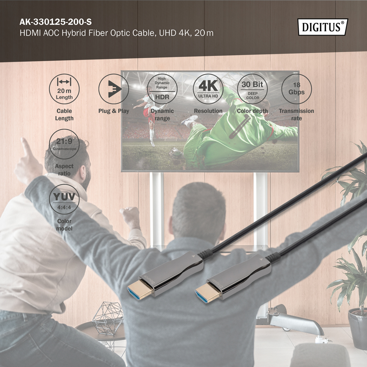 HDMI Kabel mit 20m Länge, 4K Auflösung, HDR und 30 Bit Farbtiefe.