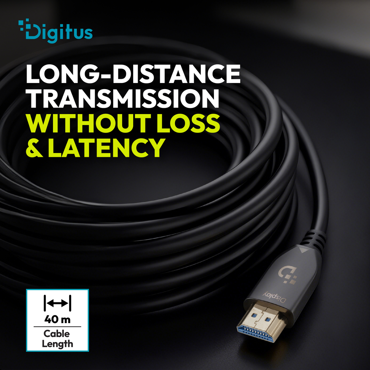 Schwarzes Kabel mit DisplayPort-Anschluss und 40m Längenangabe.