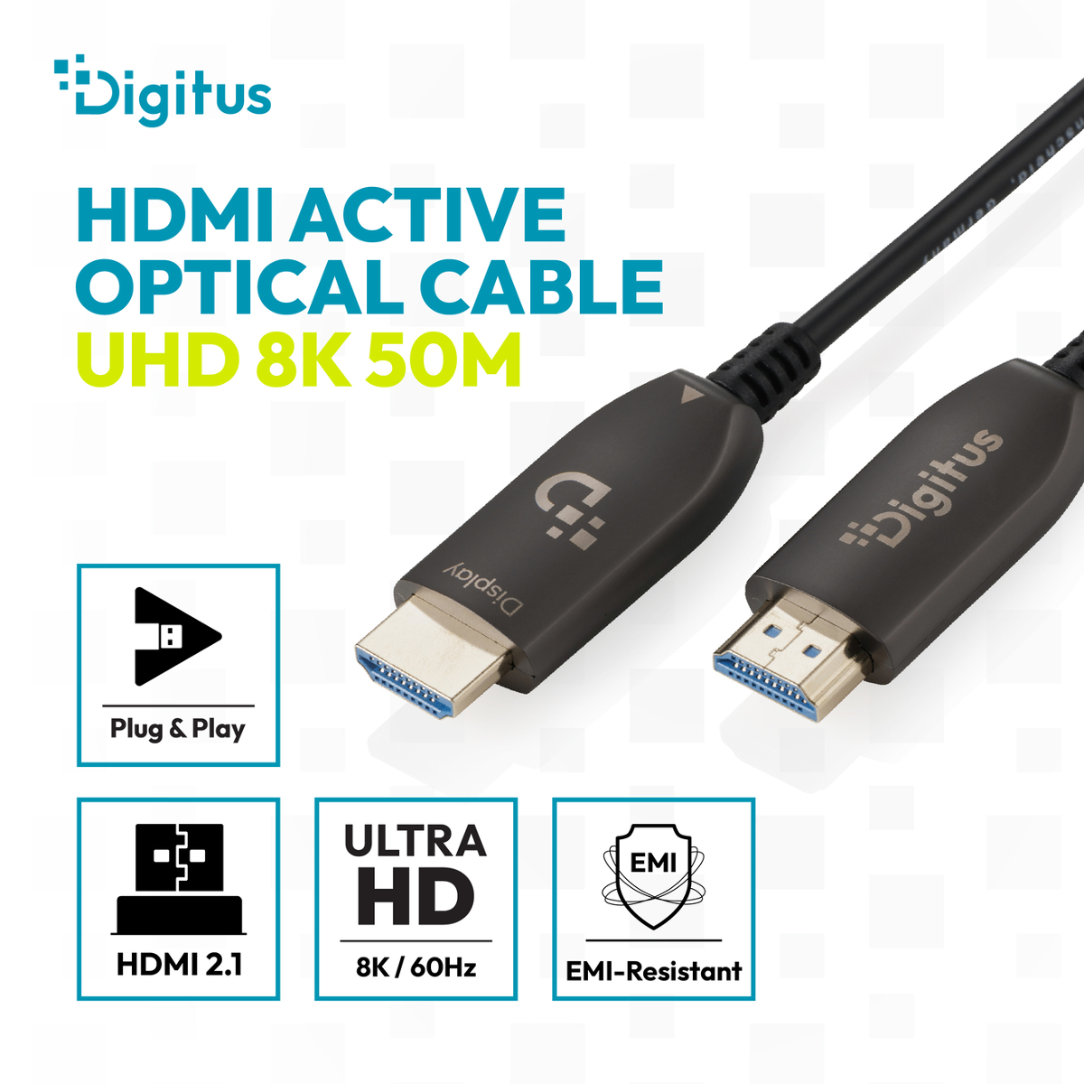 Digitus HDMI Kabel: UHD 8K 50M, Plug & Play, HDMI 2.1, 8K/60Hz, EMI-resistent.