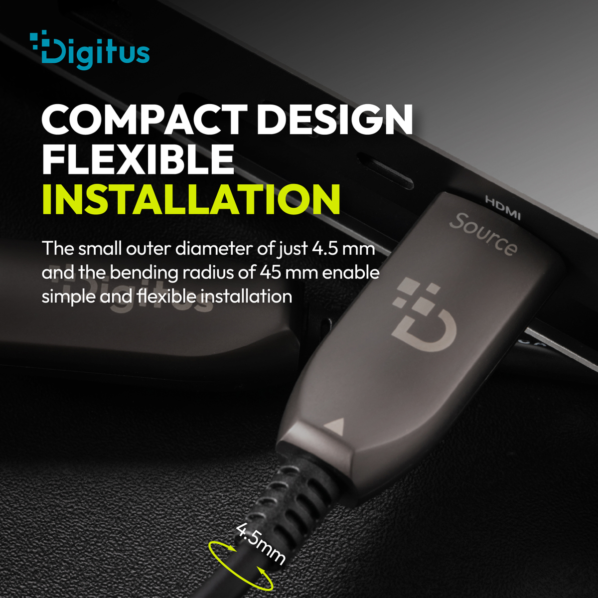 Ein HDMI-Kabel wird in eine Quelle eingesteckt, mit Fokus auf das Design.