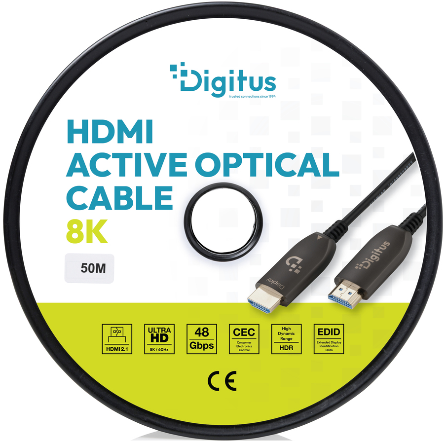 HDMI Active Optical Kabel 8K 50M mit Anschlüssen und Spezifikationen.
