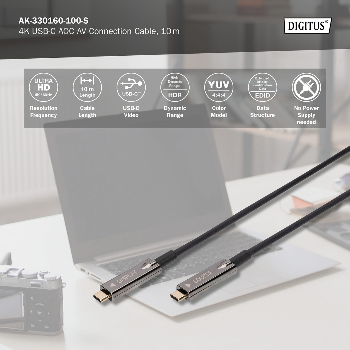 4K USB-C-Kabel mit Display- und Source-Anschlüssen auf einem Schreibtisch.