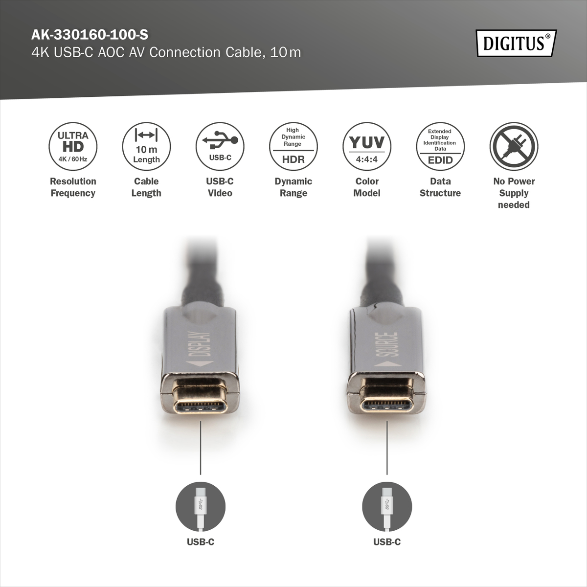 DIGITUS 4K USB-C AOC Kabel mit 10m Länge, mit 4K/60Hz und HDR.