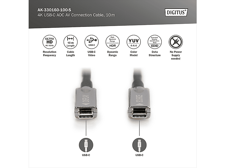 DIGITUS USB-C auf USB-C AOC AV-Kabel, UHD 4K / 60 Hz, 10 m, Schwarz; USB-C AV-Kabel----USB-C AV-Kabel — Foto 2 von 4
