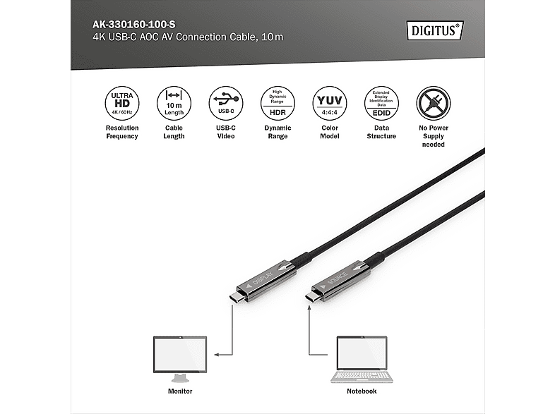 DIGITUS USB-C auf USB-C AOC AV-Kabel, UHD 4K / 60 Hz, 10 m, Schwarz; USB-C AV-Kabel----USB-C AV-Kabel — Foto 3 von 4