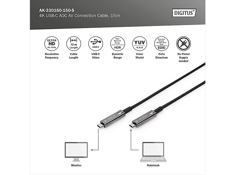 DIGITUS USB-C auf USB-C AOC AV-Kabel, UHD 4K / 60 Hz, 15 m, Schwarz; USB-C AV-Kabel----USB-C AV-Kabel — Foto 2 von 4