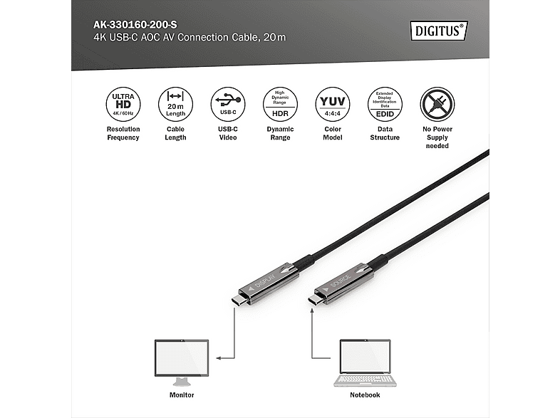 DIGITUS USB-C auf USB-C AOC AV-Kabel, UHD 4K / 60 Hz, 20 m, Schwarz; USB-C AV-Kabel----USB-C AV-Kabel — Foto 2 von 4