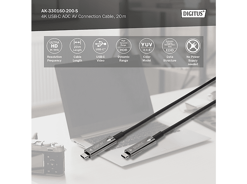 DIGITUS USB-C auf USB-C AOC AV-Kabel, UHD 4K / 60 Hz, 20 m, Schwarz; USB-C AV-Kabel----USB-C AV-Kabel — Foto 3 von 4