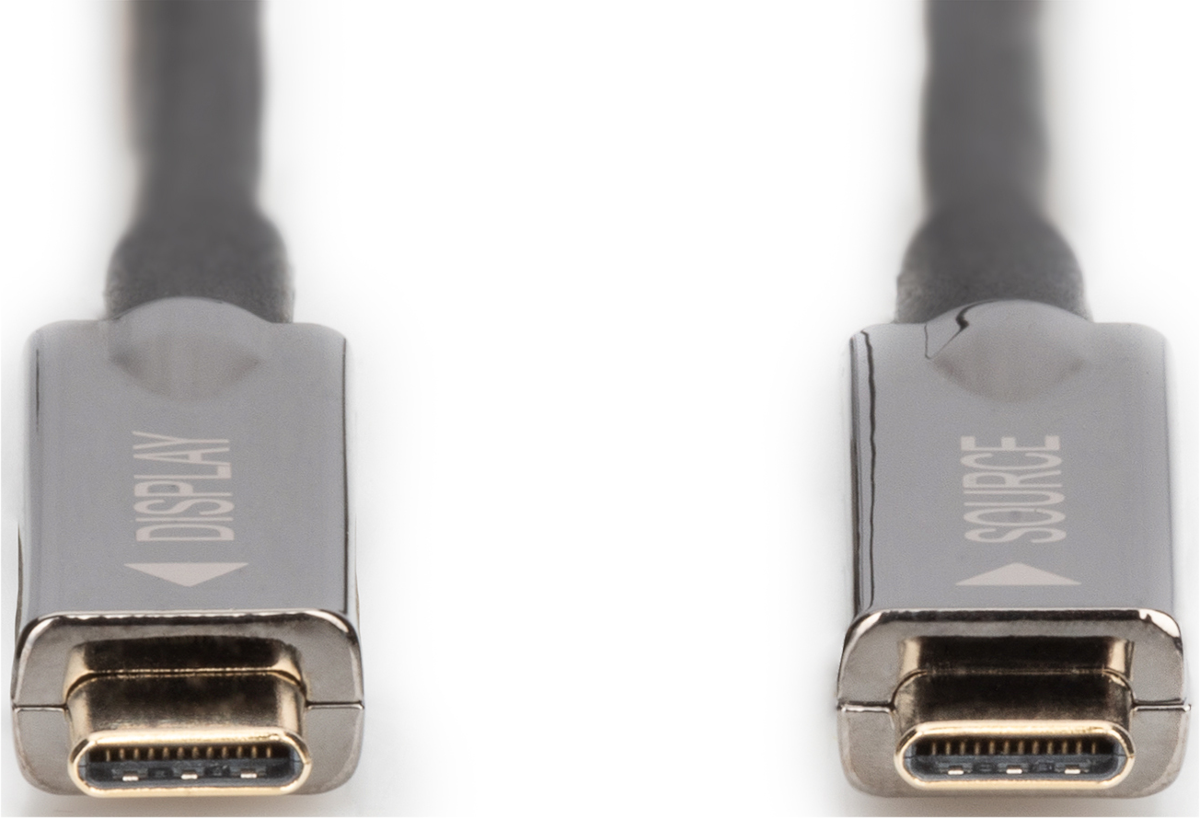 Zwei USB-C-Kabelenden, beschriftet mit SOURCE und DISPLAY.
