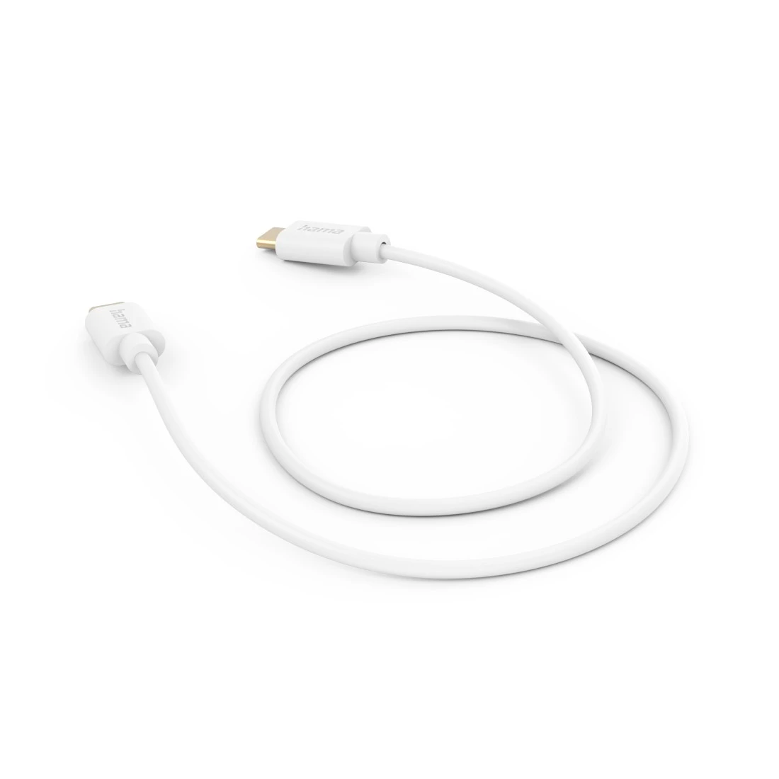 Ein weißes USB-C-Kabel mit goldenen Anschlüssen auf weißem Hintergrund.