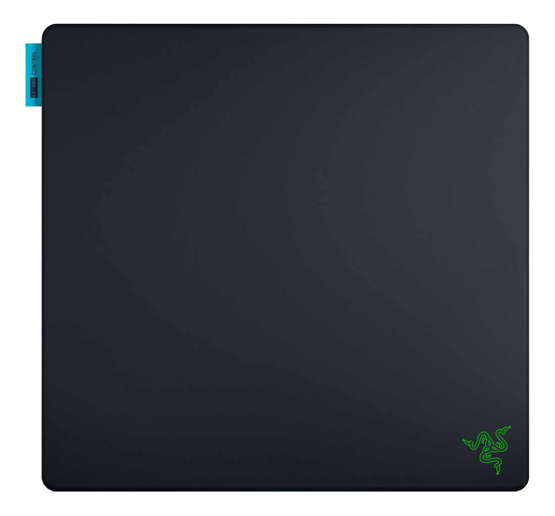 Tapis de souris noir avec étiquette bleue et logo vert.