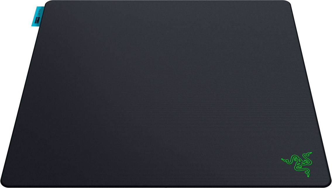Tapis de souris gaming Razer noir avec logo vert et languette bleue "GT-PRO CONTROL".