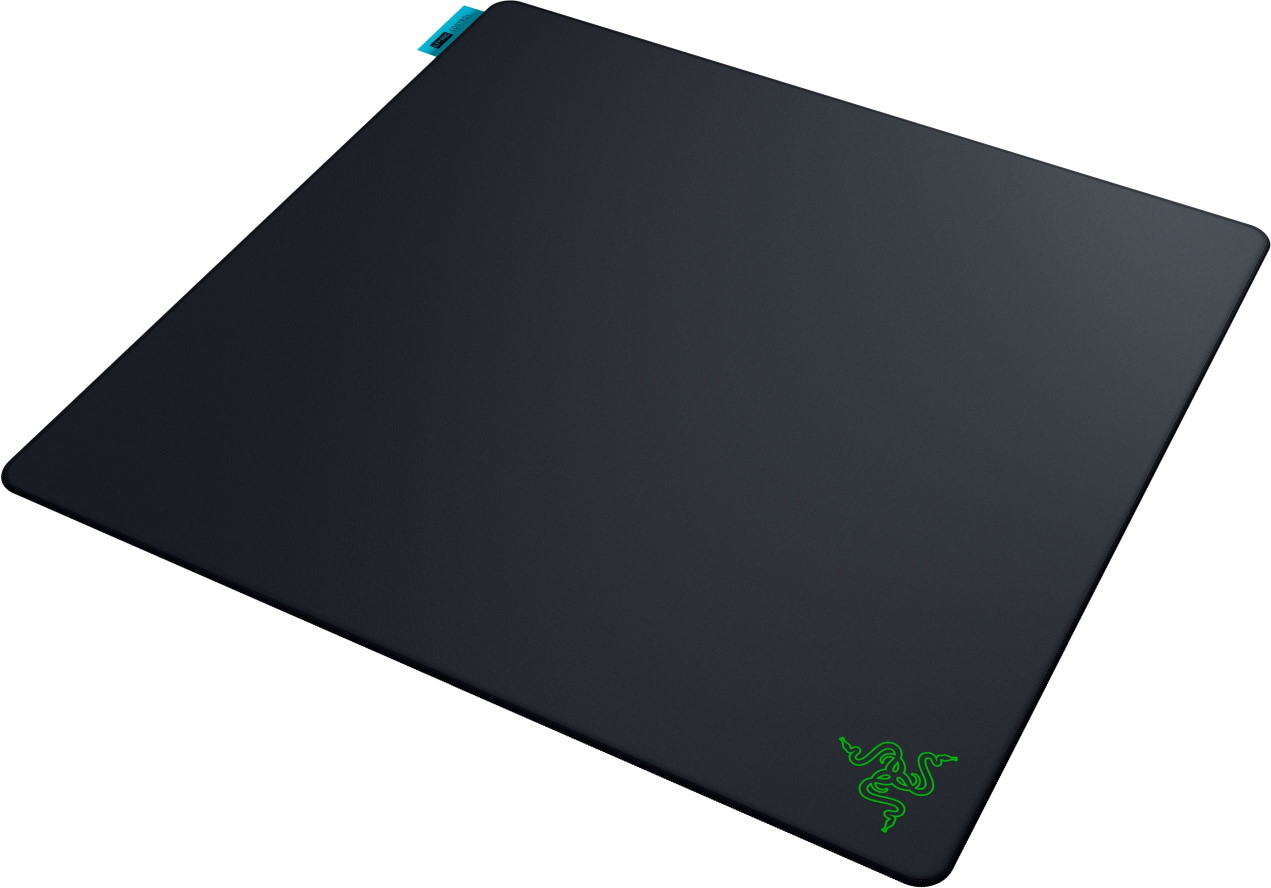 Tapis de souris noir avec logo Razer vert et étiquette bleue.