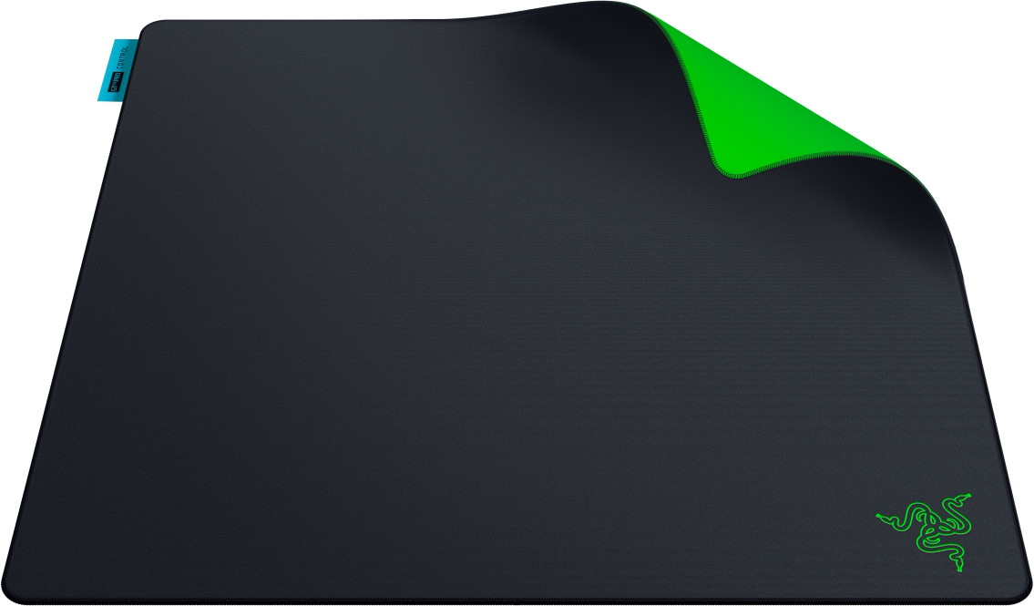 Tapis de souris noir avec coin vert retourné et logo Razer.