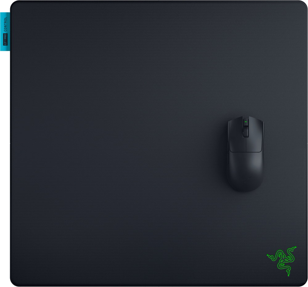 Tapis de souris noir avec une souris noire et un logo Razer vert.