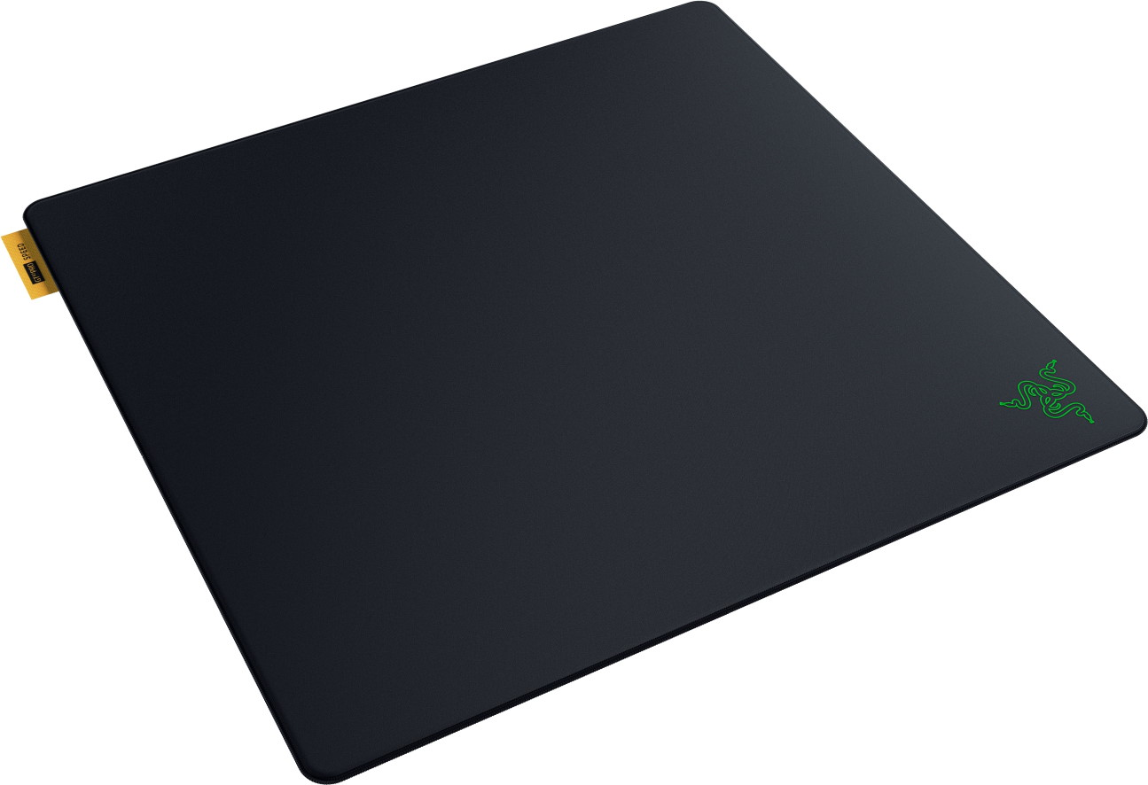 Tapis de souris noir avec logo Razer vert et étiquette jaune.