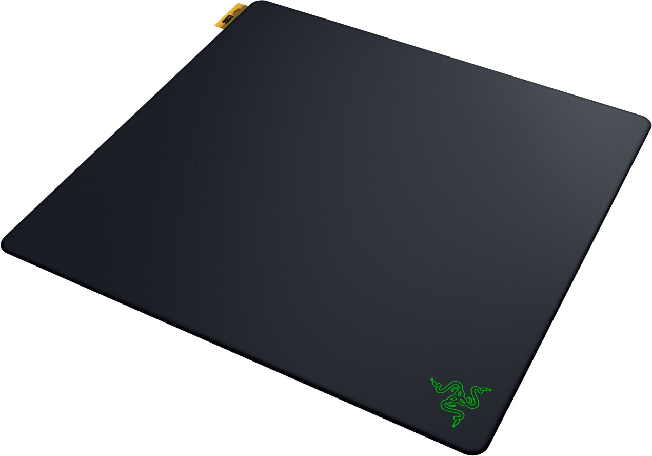 Tapis de souris noir avec logo Razer vert et étiquette jaune.