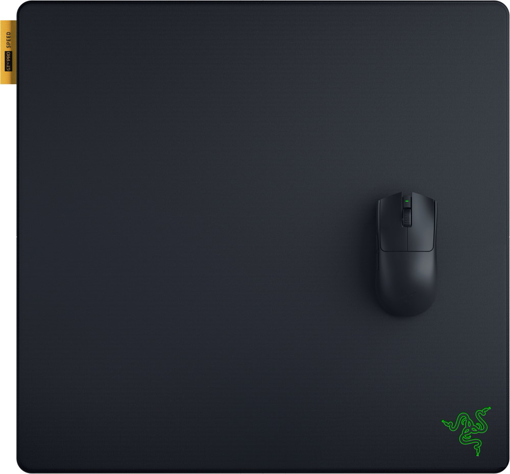 Tapis de souris noir avec une souris noire et logo Razer vert.