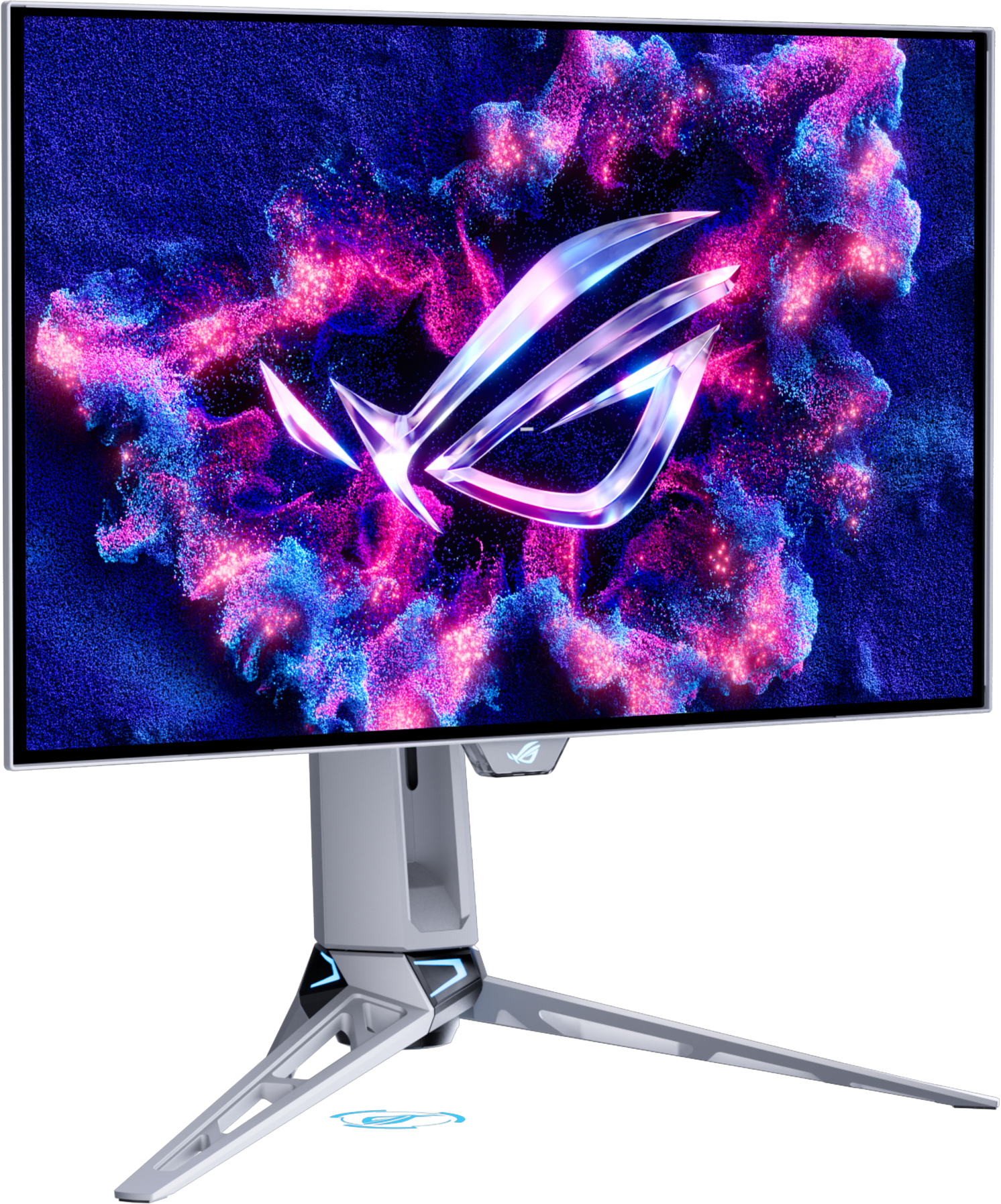 Ein ROG-Logo leuchtet auf einem Monitor vor einem Hintergrund aus blauem und pinkem Partikelnebel.