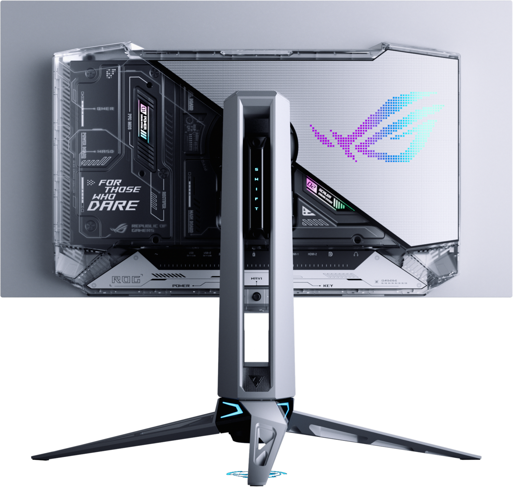 Rückansicht eines futuristischen Gaming-Monitors mit transparentem Gehäuse und RGB-Logo.