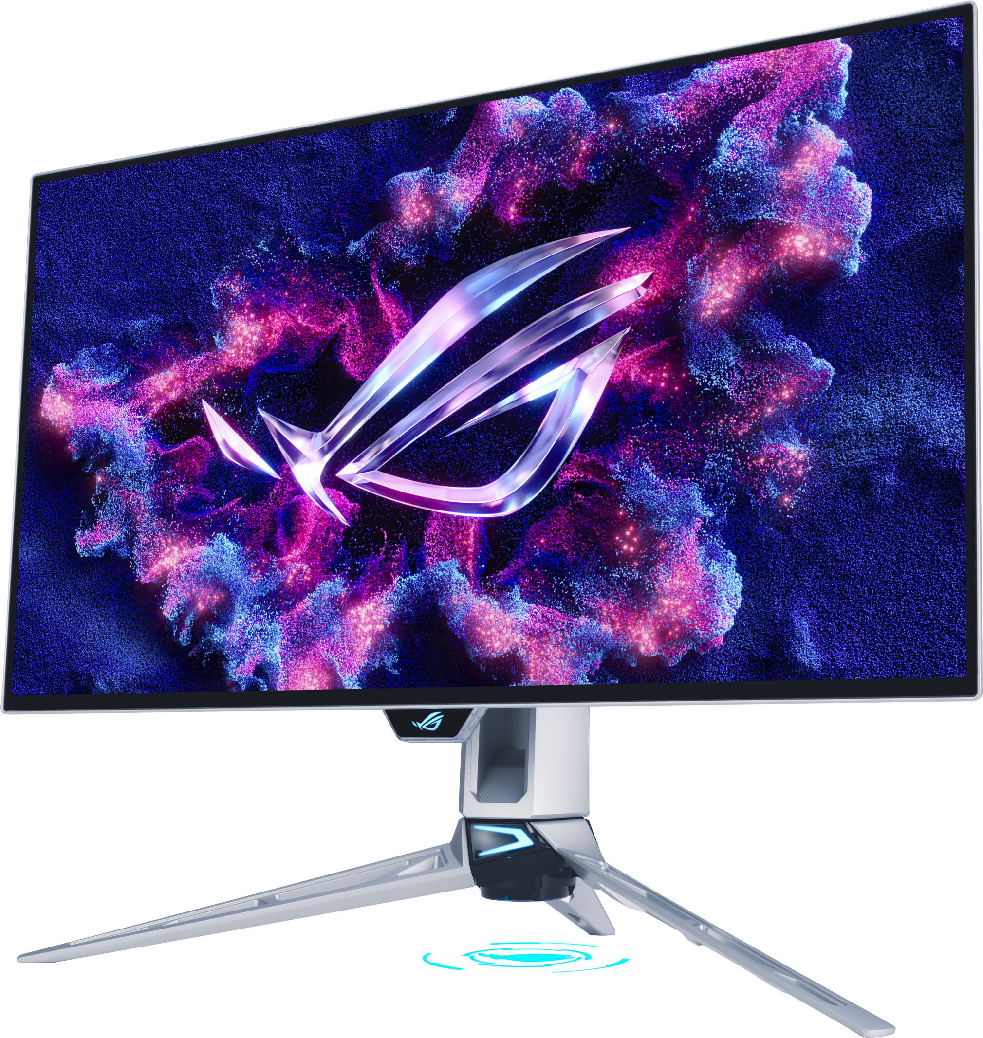 Ein Monitor mit dem ROG-Logo vor einem Hintergrund aus blauen und pinken Partikeln.