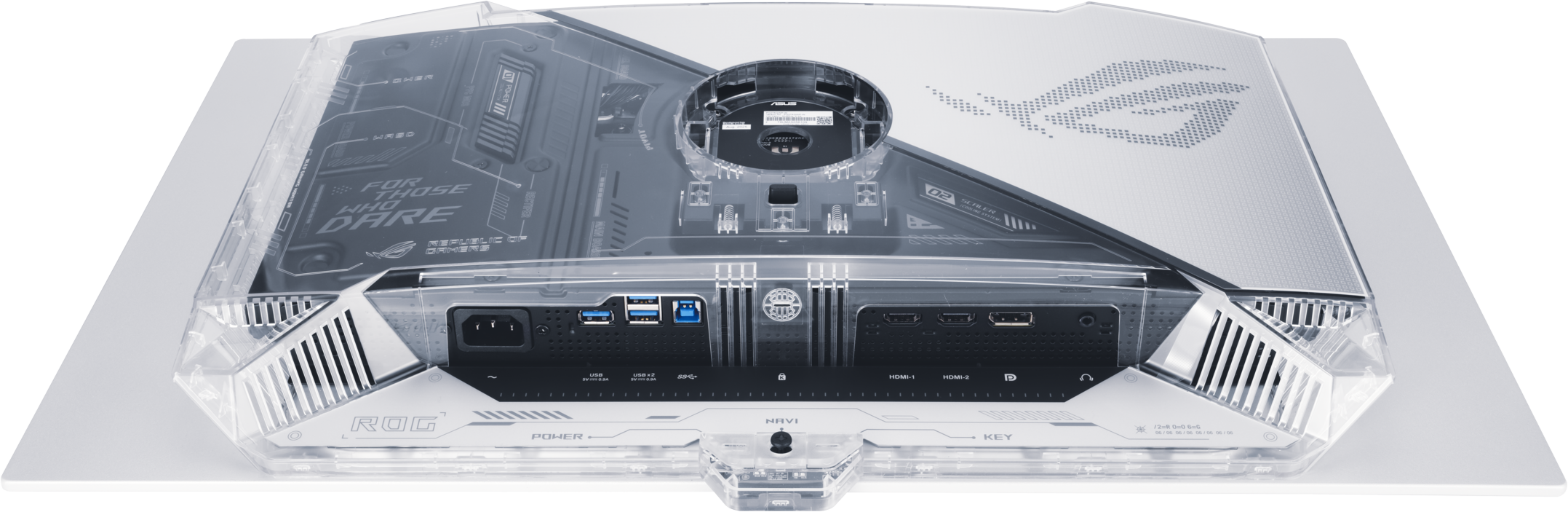 Rückseite eines transparenten Gaming-Monitors mit Anschlüssen und ROG-Logo.