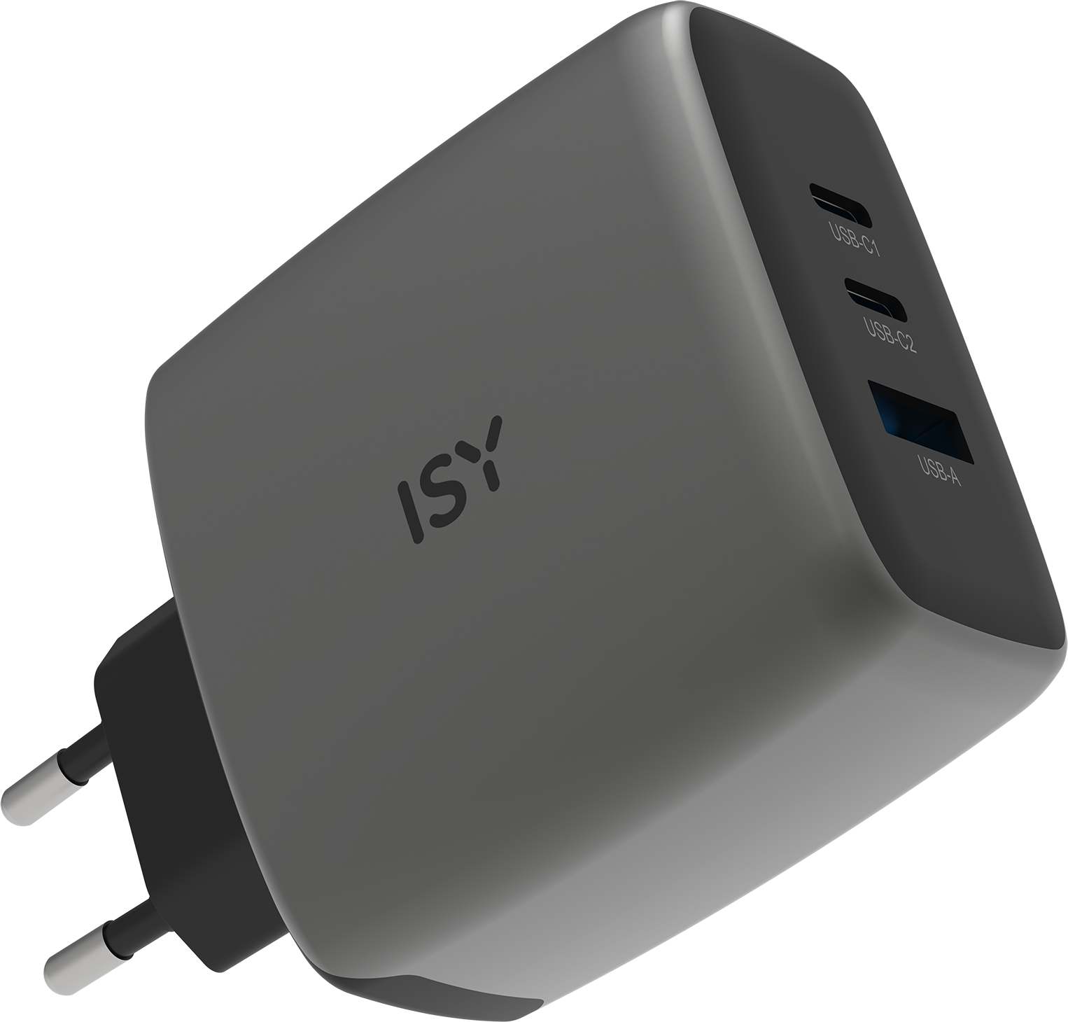 Chargeur ISY gris avec deux ports USB-C et un port USB-A.