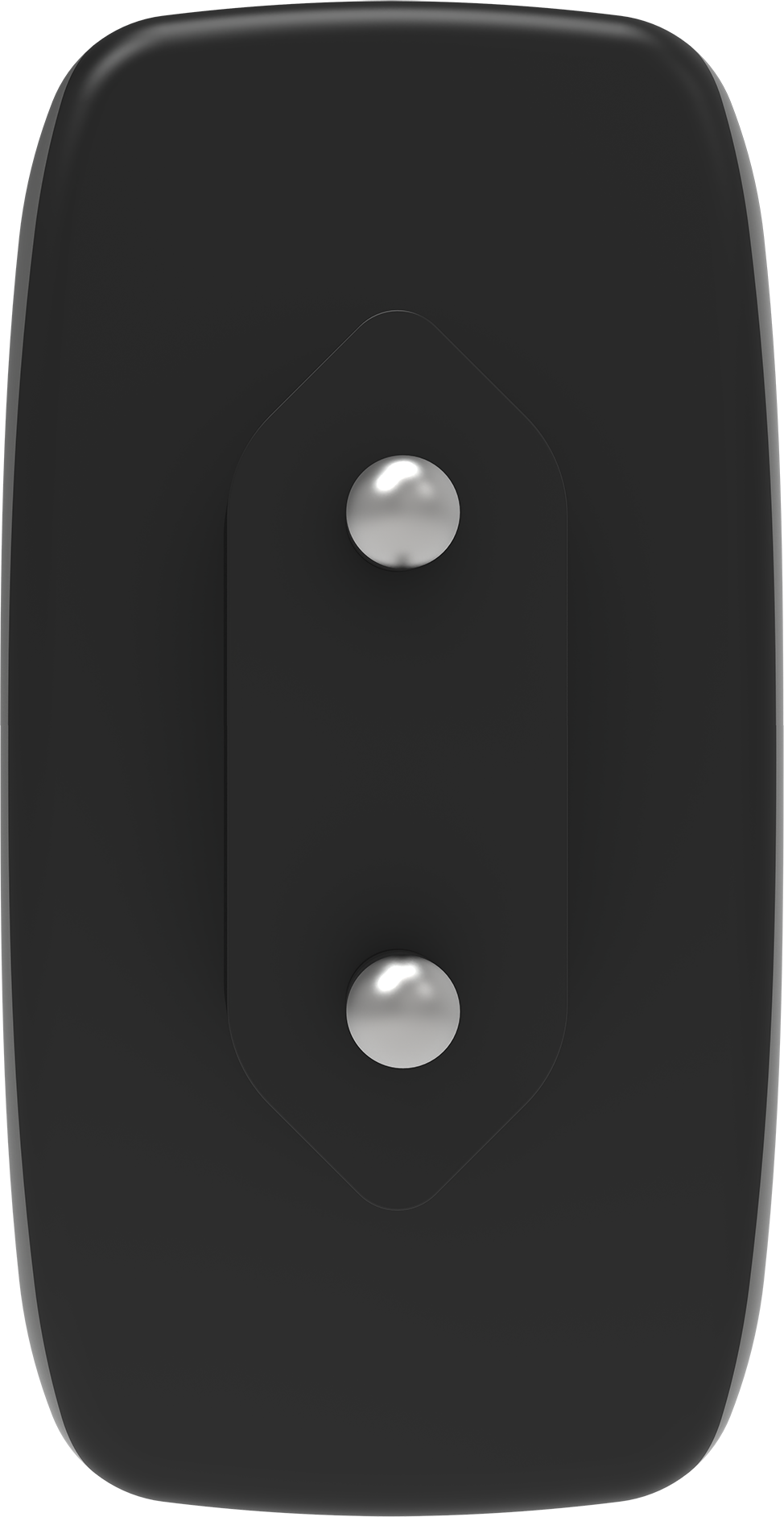 Objet noir avec deux rivets argentés alignés verticalement.