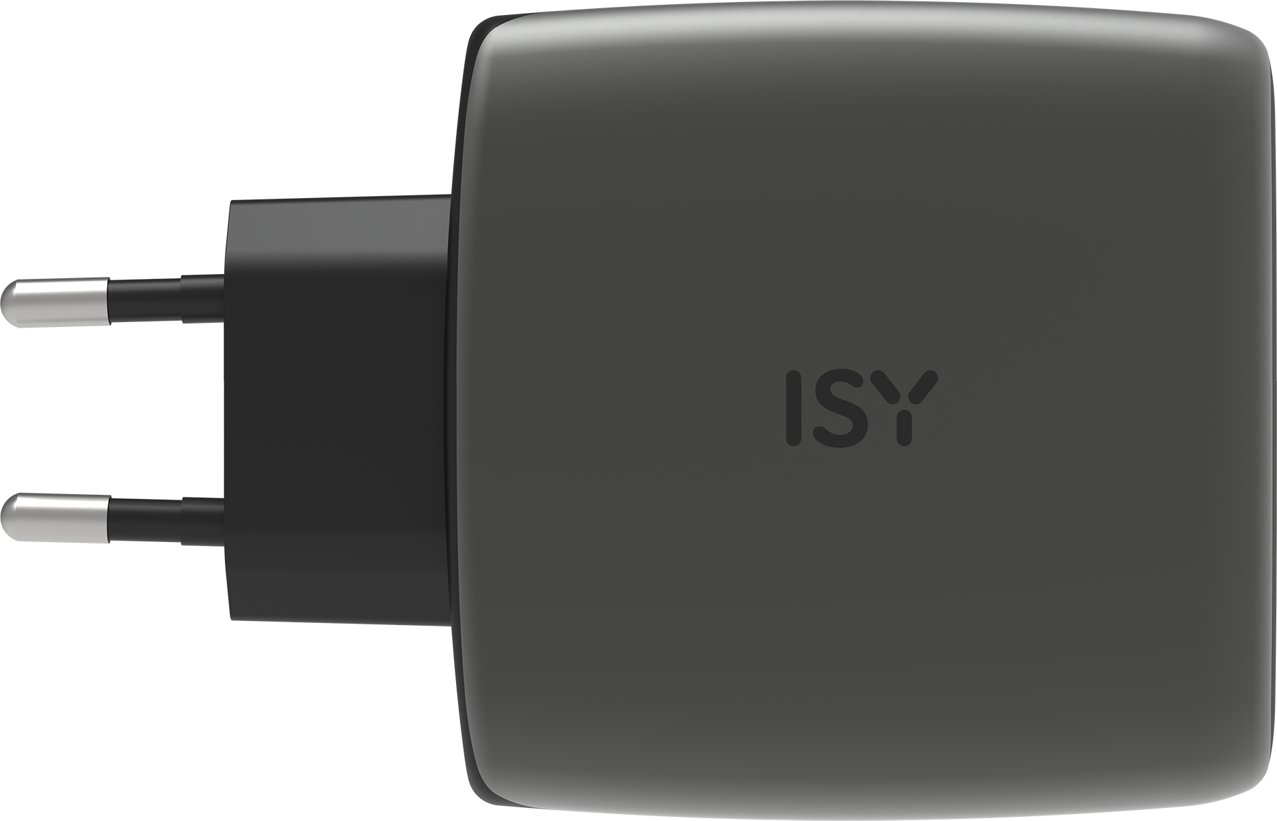 Un adaptateur secteur ISY noir avec deux broches argentées.