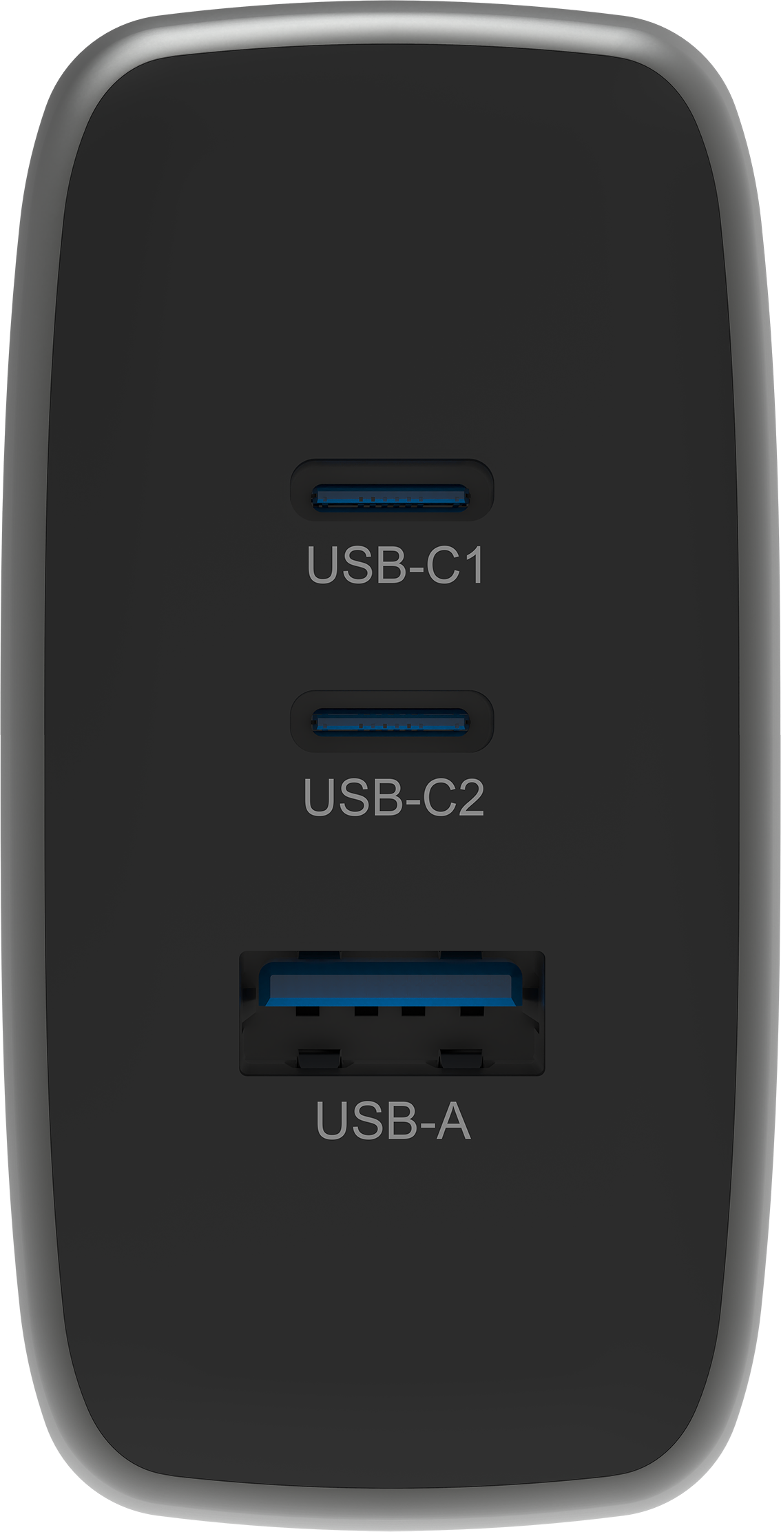 Adaptateur secteur noir avec deux ports USB-C et un port USB-A.
